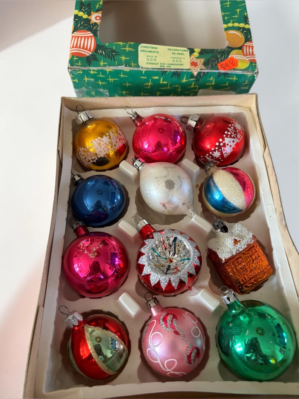 Vintage GDR East Germany Glass Christmas Ornaments Lot 11 MCM Original Box